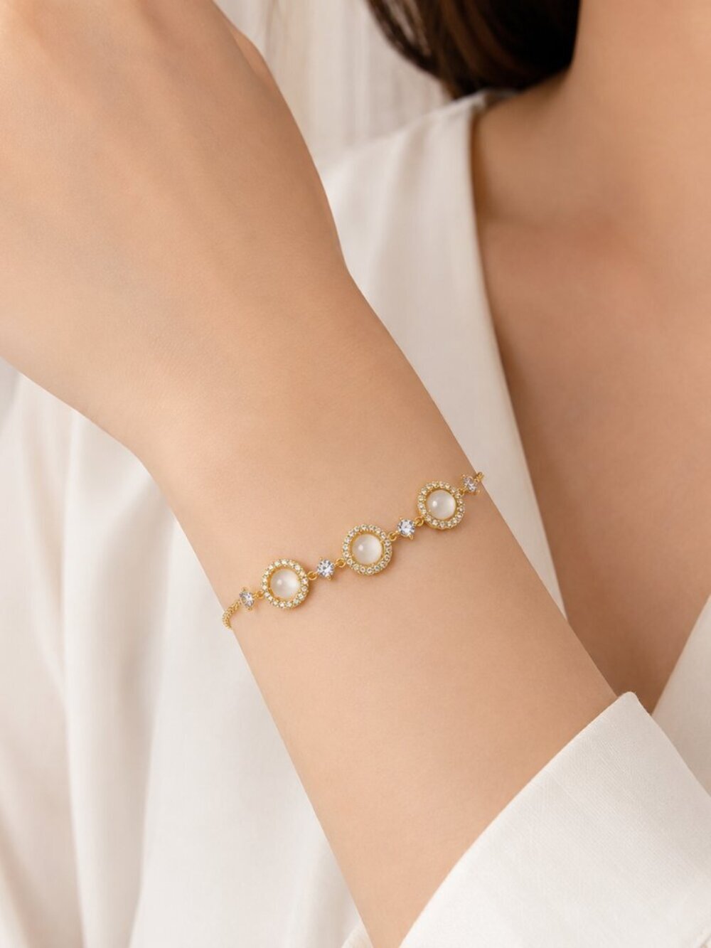 Gold Adjustable Bracelet with Pearl Cabochons & Crystal Accents Special Occasion